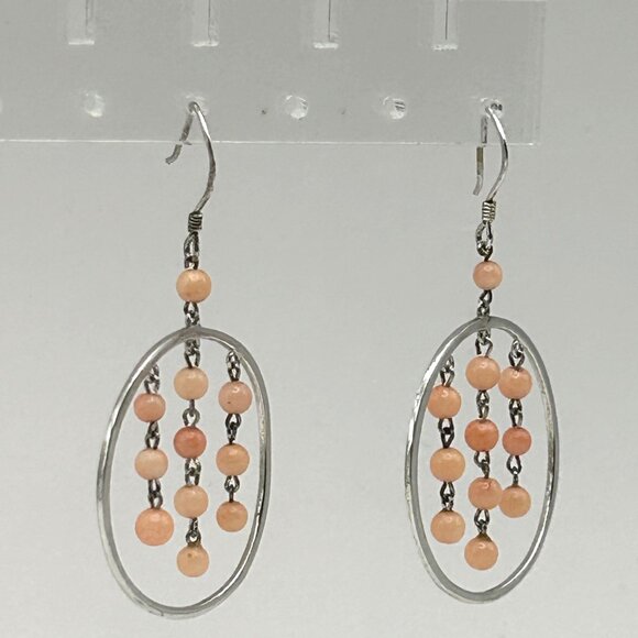 Vintage Sterling Silver 925 Hoop Earrings Peach Coral Bead Dangles Boho - Picture 7 of 10